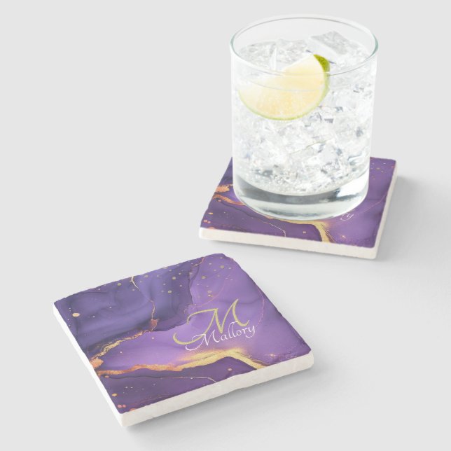 Gold and Purple Agate 💜✨Elegant Script Monogram  Stone Coaster (Side)
