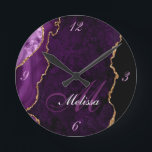 gold and purple agate monogram trendy round clock<br><div class="desc">An elegant mix of script with a personalised monogram on gold and purple agate background.</div>