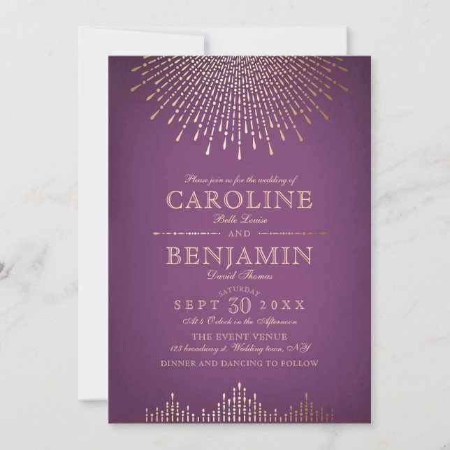 Gold and purple art deco vintage wedding invitation (Front)