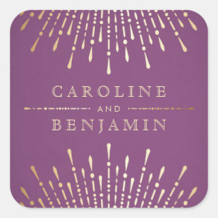 Gold and purple art deco vintage wedding monogram square sticker