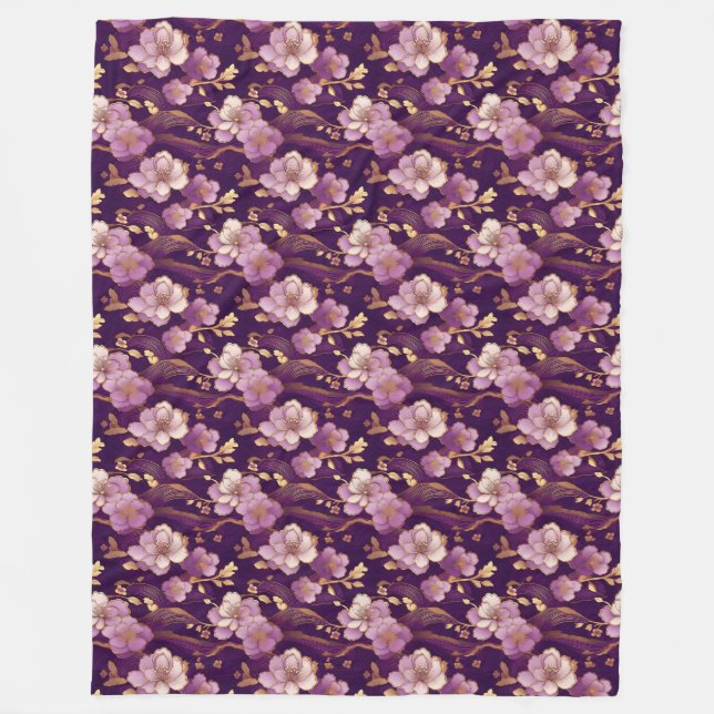 Gold and Purple Asian Floral  Fleece Blanket (Front)