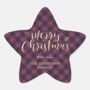 Gold and Purple Buffalo Plaid Merry Christmas Star Sticker