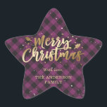 Gold and Purple Buffalo Plaid Merry Christmas Star Sticker<br><div class="desc">Custom gold and purple buffalo plaid Merry Christmas star stickers. Easily personalise these purple and black chequered Christmas stickers with your family name.</div>