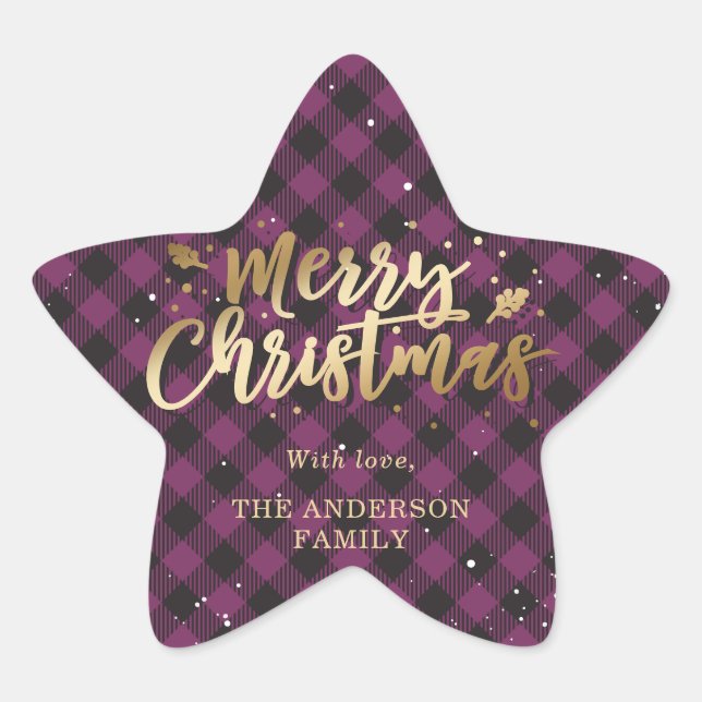 Gold and Purple Buffalo Plaid Merry Christmas Star Sticker (Front)