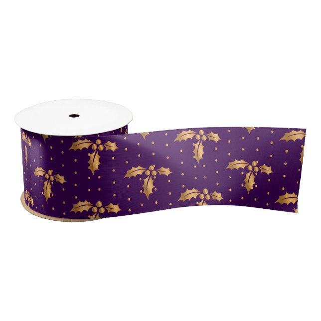 Gold and Purple Christmas Holly Satin Ribbon (Spool)