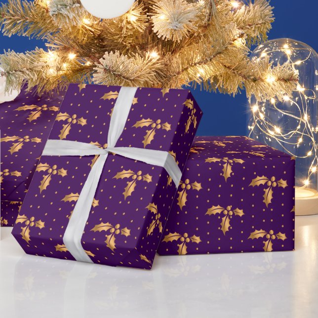 Gold and Purple Christmas Holly Wrapping Paper (Holidays)