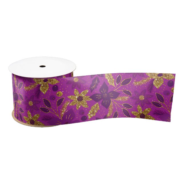 Gold and Purple Christmas Poinsettia Flowers Satin Ribbon (Spool)