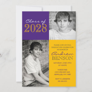 Gold and Purple Classic 2 Photo Graduation Invitation