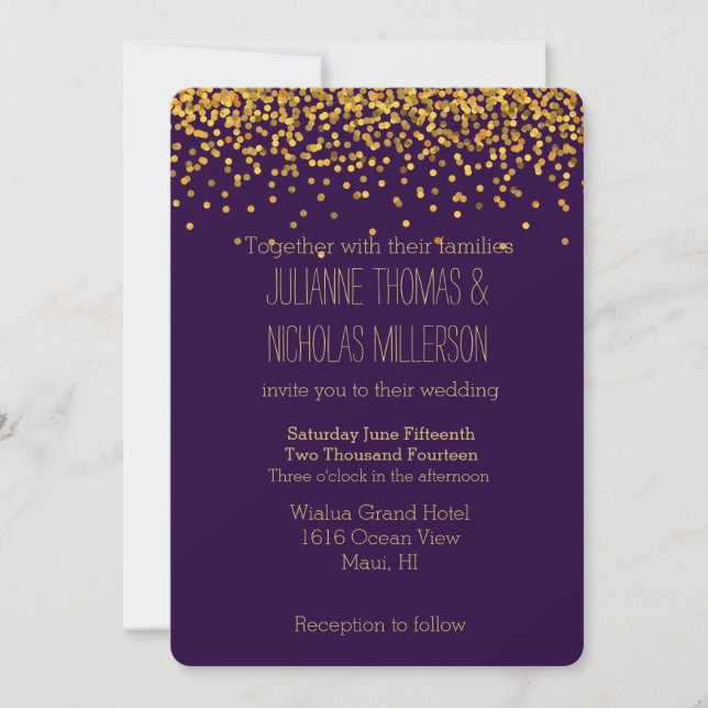 Gold and Purple Confetti Dots Wedding Invitation (Front)