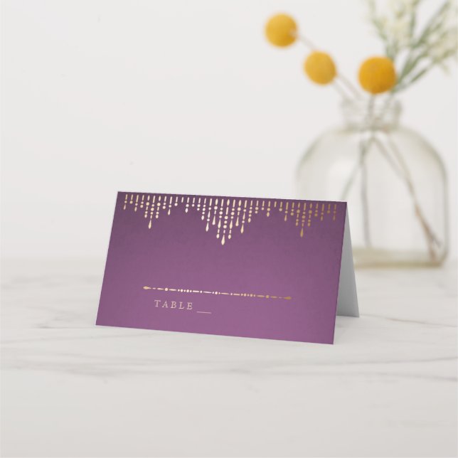 Gold and purple deco vintage wedding place cards (Front)