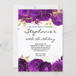 Gold and Purple Floral Borders 60th Birthday Invitation