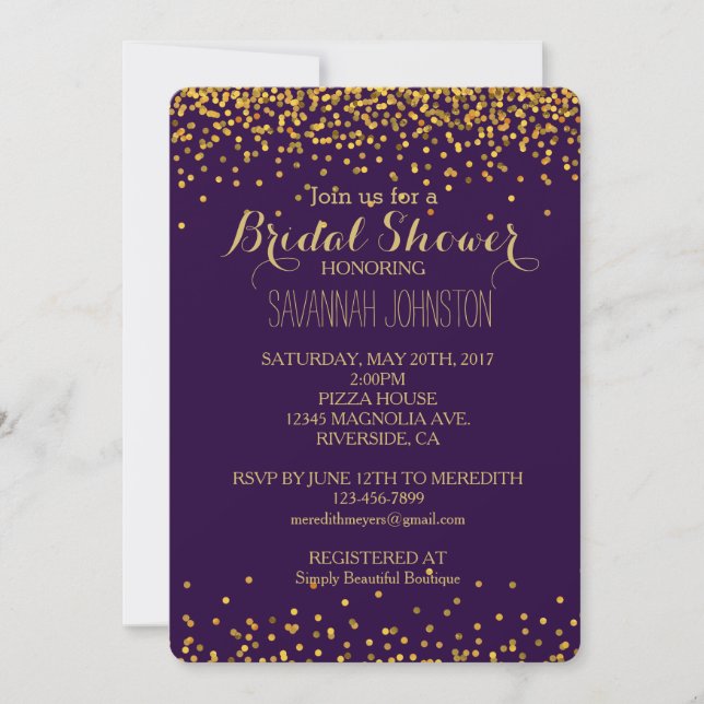 Gold and Purple Glam Confetti Dots bridal shower Invitation (Front)