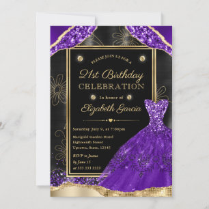 Gold and Purple Glitter Dress 21st Birthday Invitation