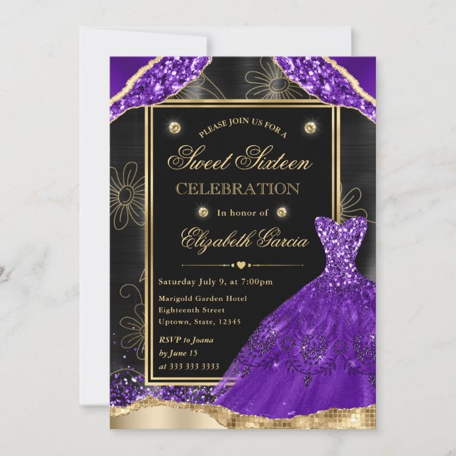 Gold and Purple Glitter Dress Sweet Sixteen Invitation (Front)