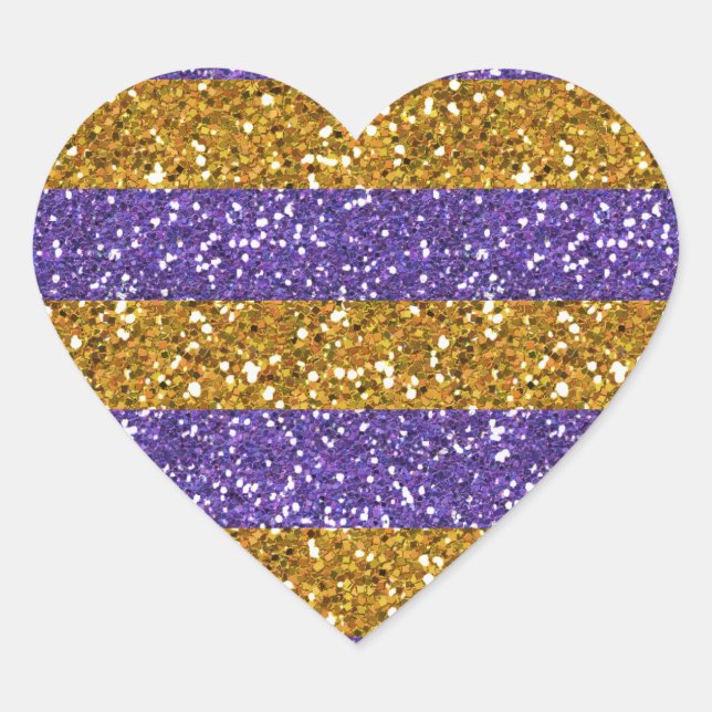 Gold and Purple Glitter Stripes Printed Heart Sticker (Front)