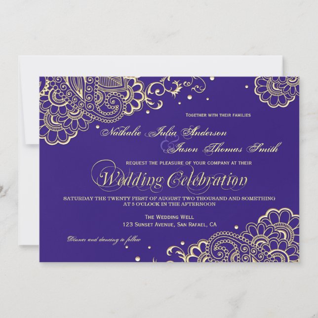 Gold and Purple Henna Lace Wedding Invitation (Front)