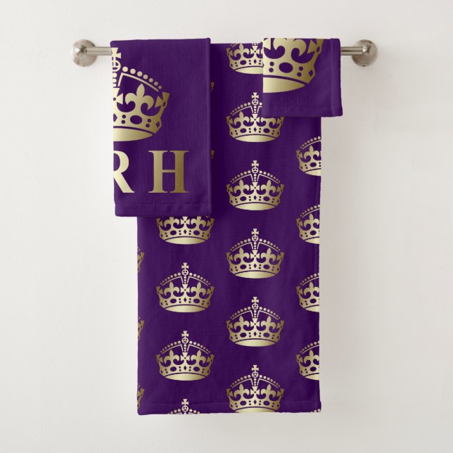 Gold and Purple HRH Royal Highness Crown Bath Towel Set (Insitu)