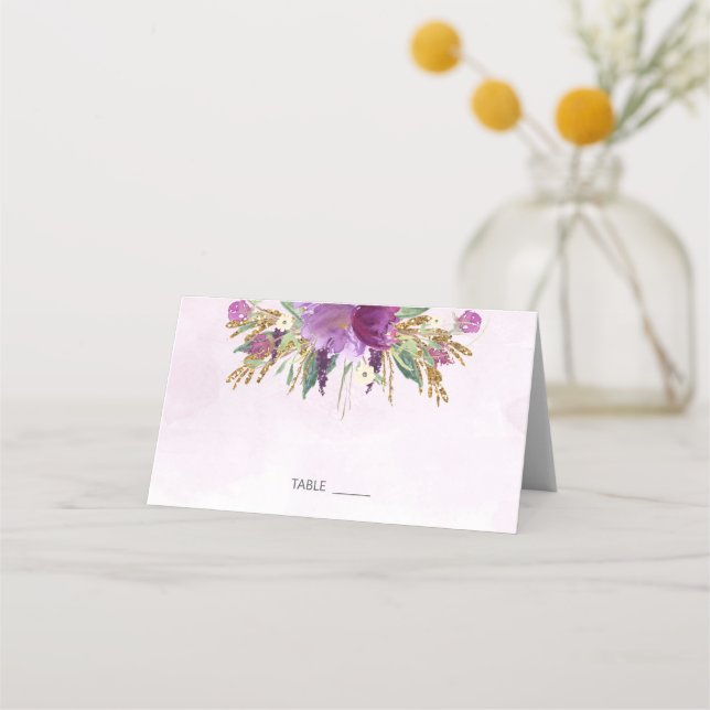 Gold and Purple Lavender Wedding Place Card (Front)