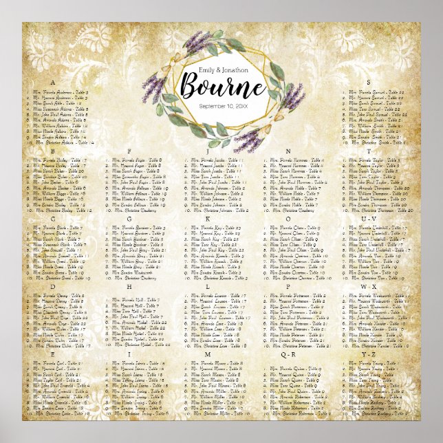 Gold and Purple Lavender Wedding Seating Chart (Front)