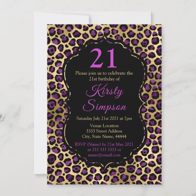 Gold and Purple Leopard Print Birthday Party Invitation (Front)