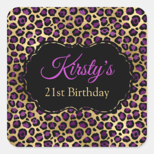 Gold and Purple Leopard Print Birthday Party Square Sticker
