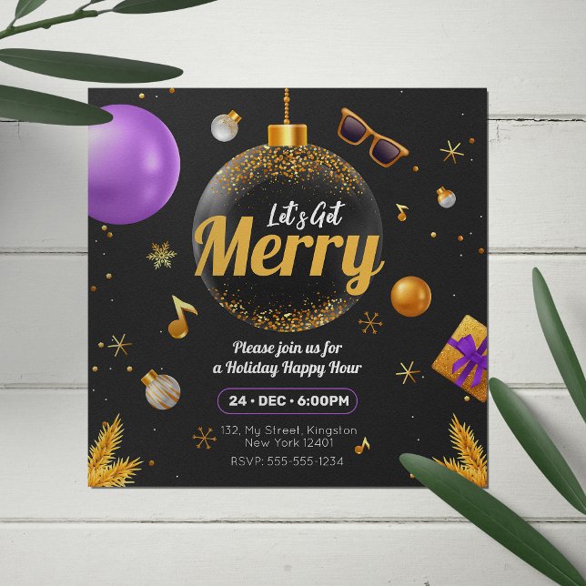 Gold and Purple Let's get Merry Christmas Fun Invitation (Creator Uploaded)