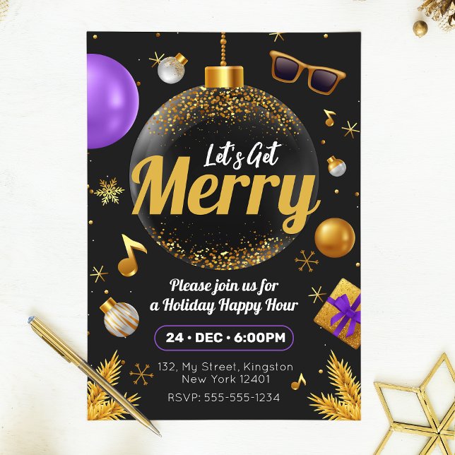 Gold and Purple Let's get Merry Christmas Fun Invitation Postcard (Creator Uploaded)