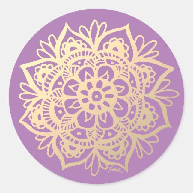Gold and Purple Mandala Flower Classic Round Sticker (Front)