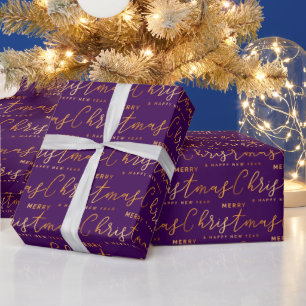 Gold and Purple Merry Christmas Word Art Wrapping Paper