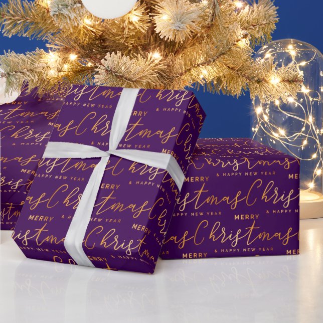 Gold and Purple Merry Christmas Word Art Wrapping Paper (Holidays)