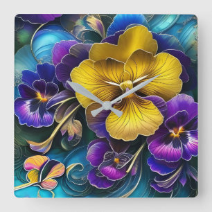Gold and Purple Pansy Patch Square Wall Clock