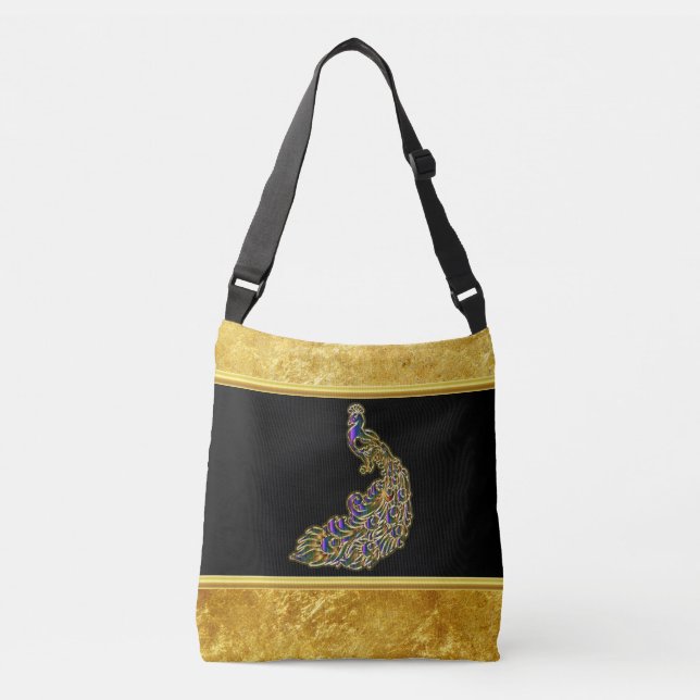 Gold and purple peacock gold foil with black crossbody bag (Front)