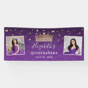 Gold and Purple Roses 2 Photo Birthday Quinceanera Banner