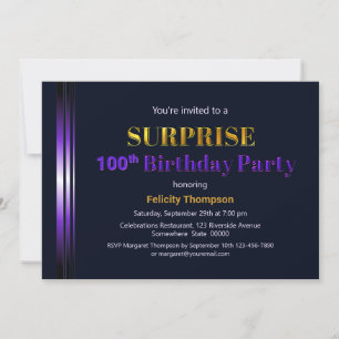 Gold and Purple Surprise 100th Birthday Party Invitation