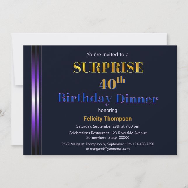 Gold and Purple Surprise 40th Birthday Dinner Invitation (Front)