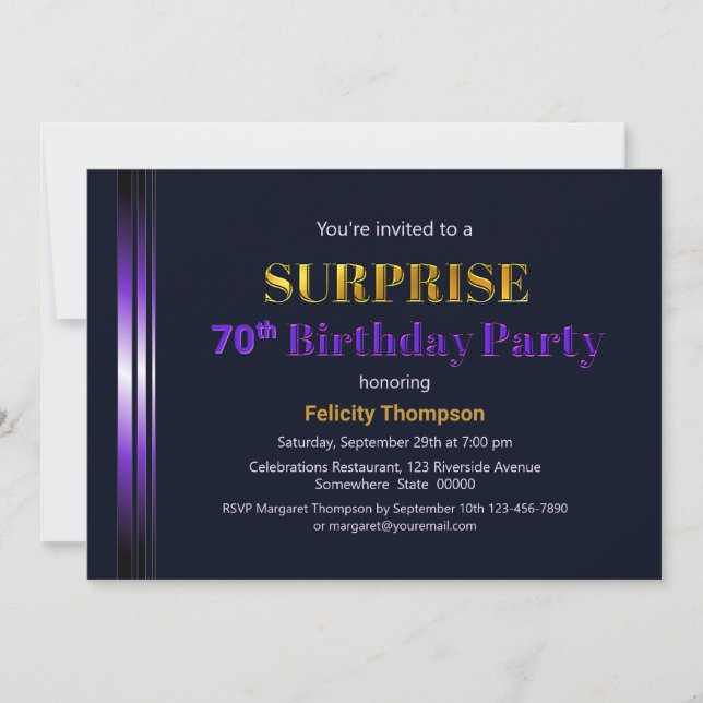 Gold and Purple Surprise 70th Birthday Party Invitation (Front)