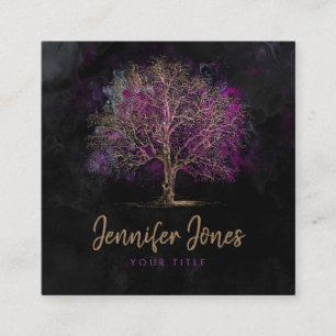 Gold and Purple Watercolor Tree Square Business Card