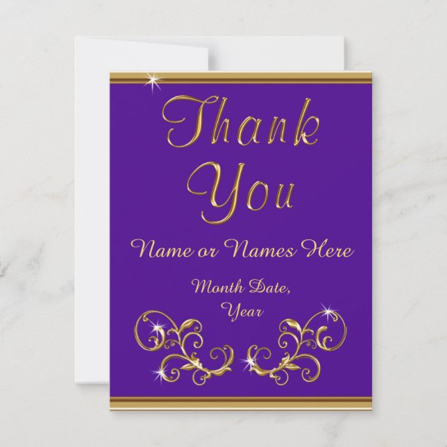 Gold and Purple Wedding Thank You Cards (Front)