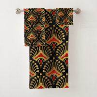 Gold and red Art Deco pattern on black