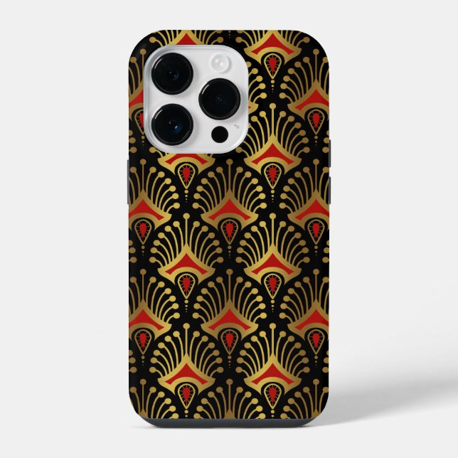Gold and red Art Deco pattern on black iPhone Case (Back)
