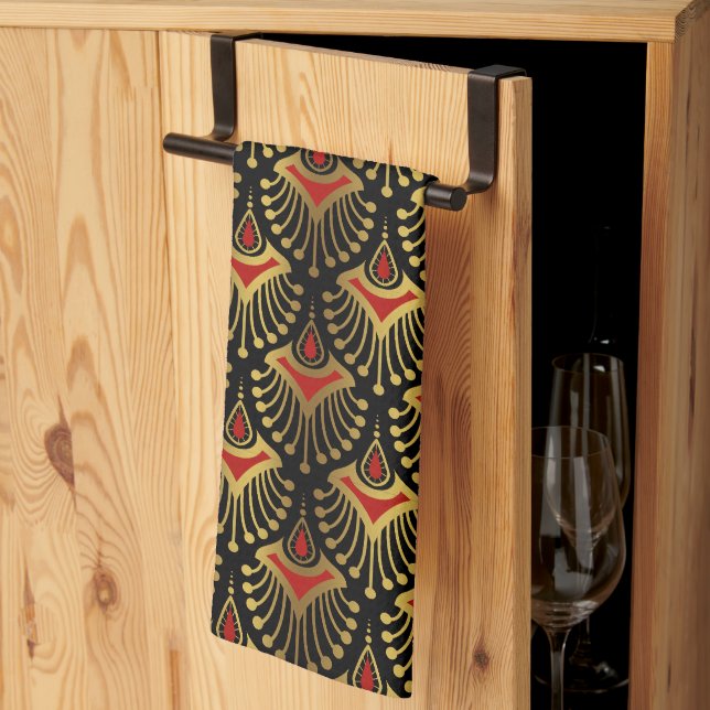 Gold and red Art Deco pattern on black Kitchen Tow Tea Towel (Thirds Fold)