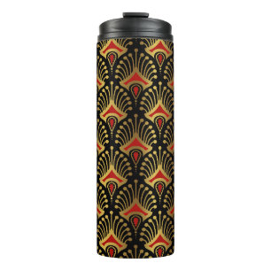 Gold and red Art Deco pattern on black Thermal Tumbler