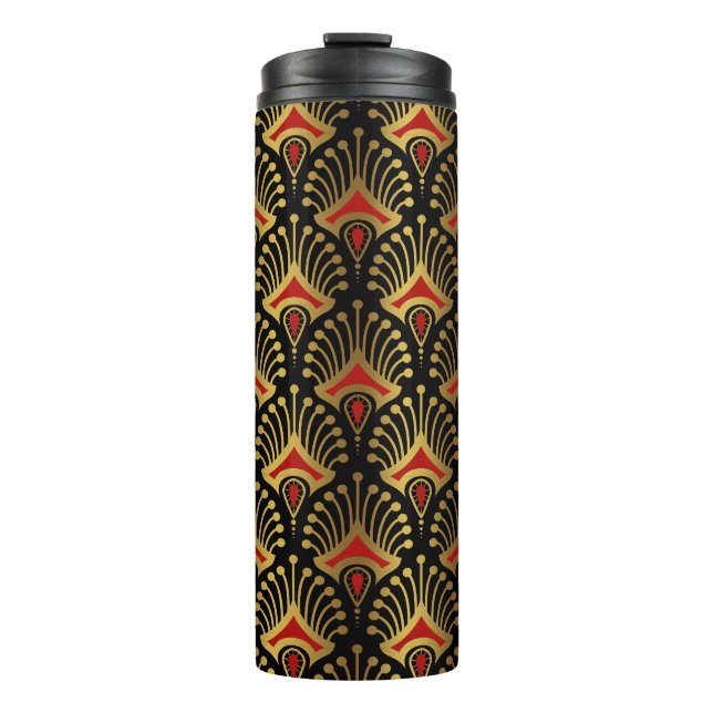 Gold and red Art Deco pattern on black Thermal Tumbler (Front)