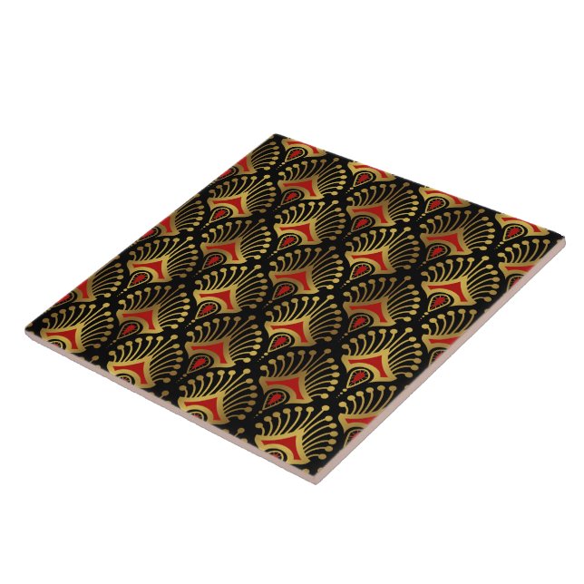 Gold and red Art Deco pattern on black Tile (Side)