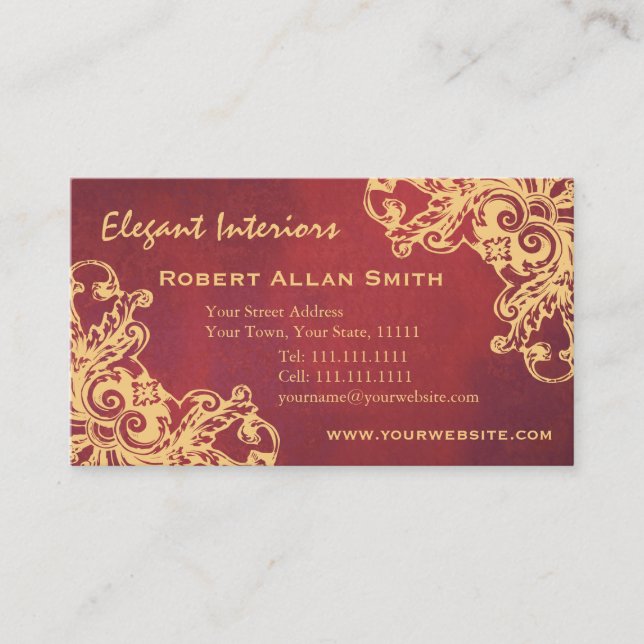 Gold and Red Baroque Renaissance Grunge Elegant Business Card (Front)