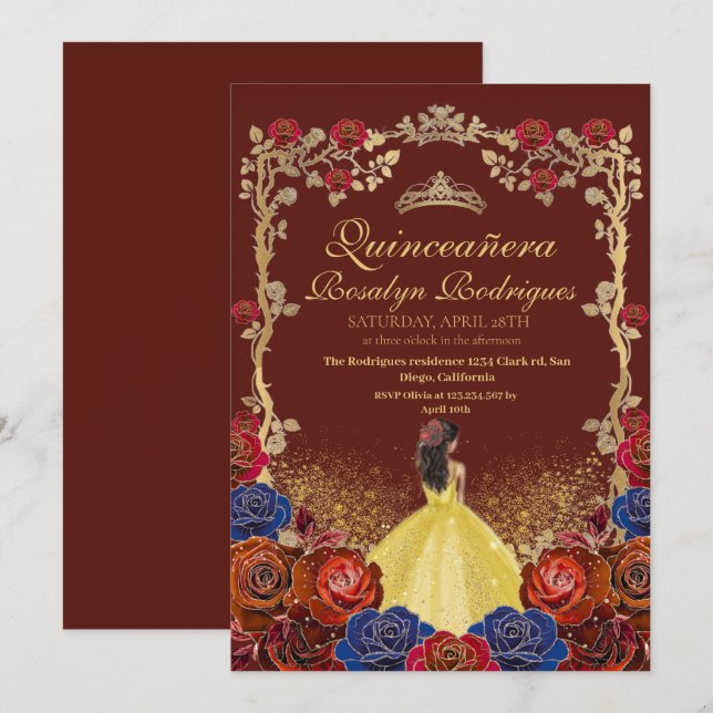 Gold and Red Burgundy Quinceanera Beauty and best  Invitation (Front/Back)