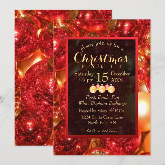 Gold and Red Christmas Ornaments Invitation (Front/Back)