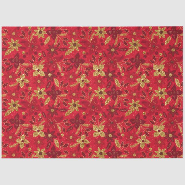 Gold and Red Christmas Poinsettia Flowers Tissue Paper (Front)