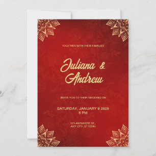 Gold and Red Classic Traditional Floral Wedding Invitation