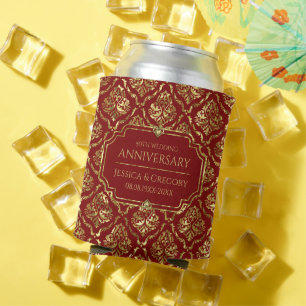 Gold and Red Damask 50th Wedding Anniversary Can Cooler